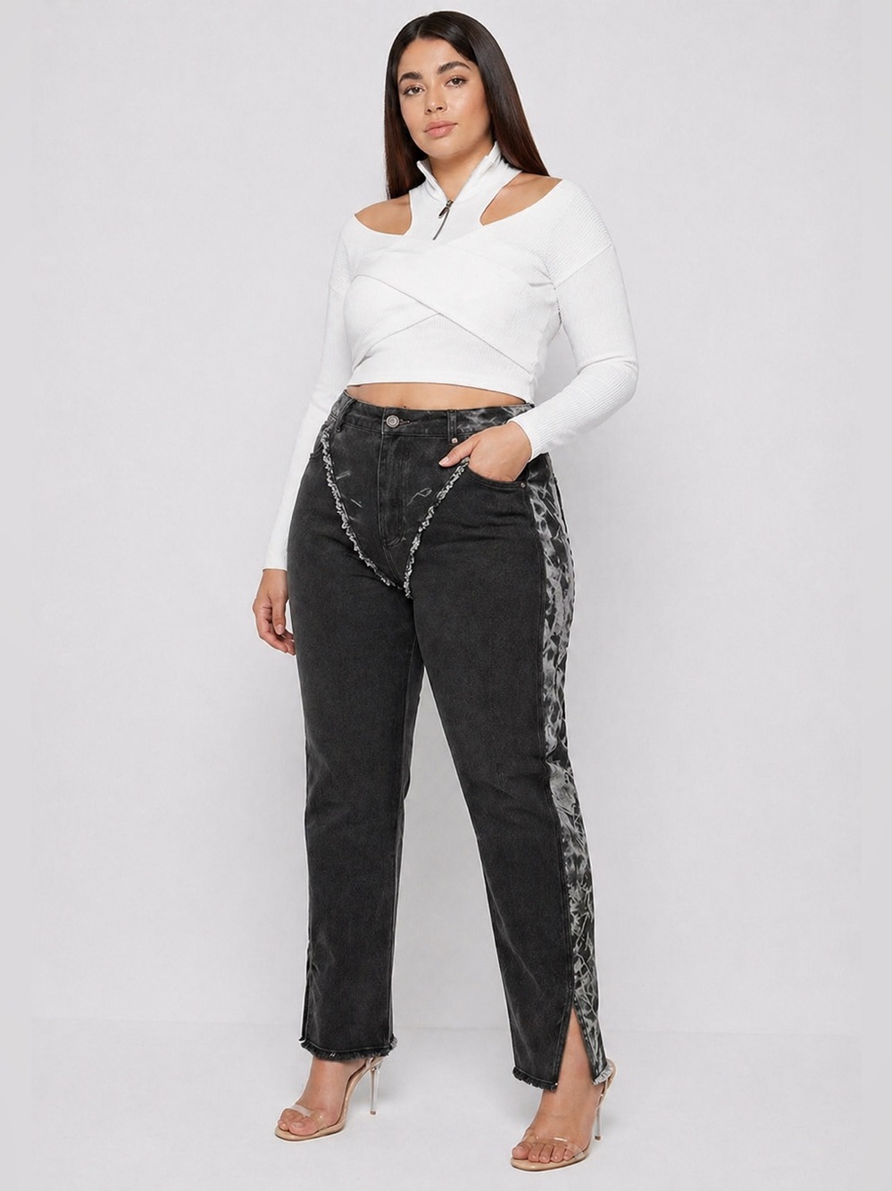 Maniere De Voir marbled two tone mom jeans in dark wash gray black - 12